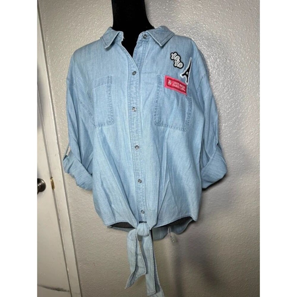 Karl Lagerfeld Paris Women's Blue Chambray Embroidered Button-Up XL